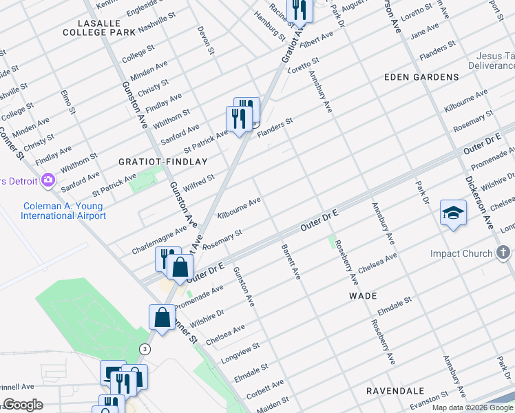 map of restaurants, bars, coffee shops, grocery stores, and more near 11832 Kilbourne Avenue in Detroit
