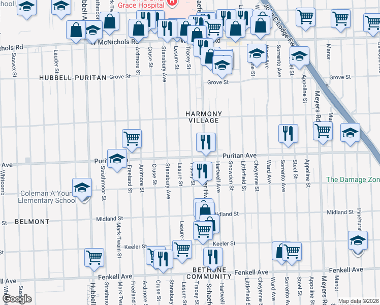 map of restaurants, bars, coffee shops, grocery stores, and more near 13722 Puritan Avenue in Detroit