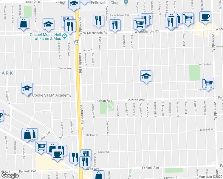 map of restaurants, bars, coffee shops, grocery stores, and more near 16172 Oakfield Avenue in Detroit