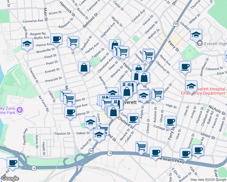 map of restaurants, bars, coffee shops, grocery stores, and more near 128 Linden Street in Everett