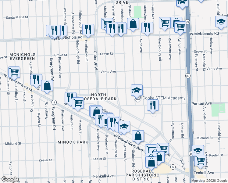 map of restaurants, bars, coffee shops, grocery stores, and more near 16199 Warwick Street in Detroit