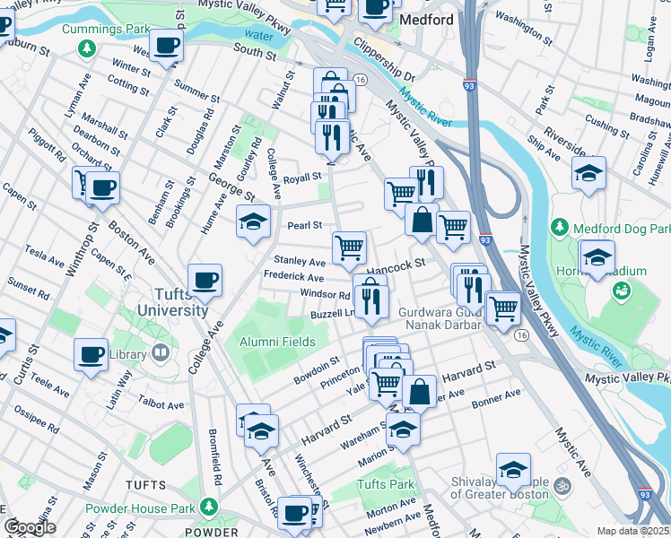 map of restaurants, bars, coffee shops, grocery stores, and more near 16 Stanley Avenue in Medford