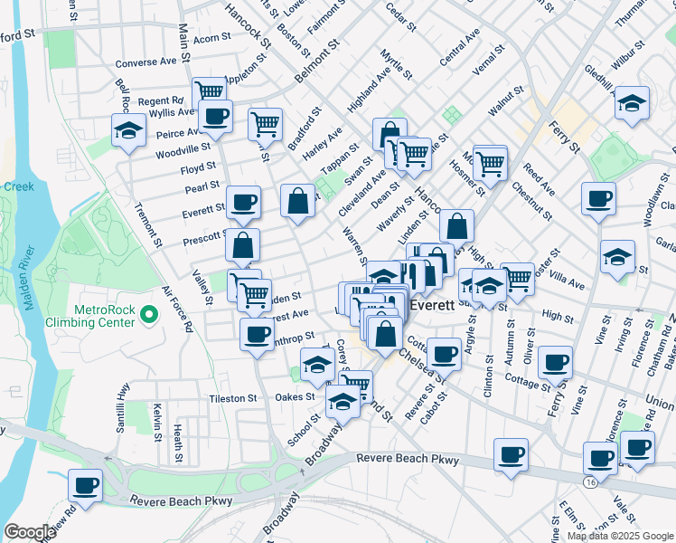 map of restaurants, bars, coffee shops, grocery stores, and more near 2 Linden Place in Everett