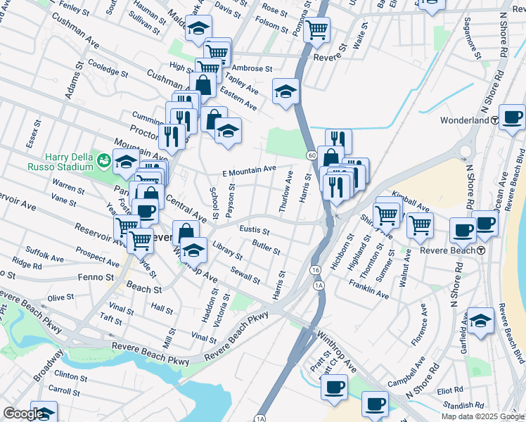 map of restaurants, bars, coffee shops, grocery stores, and more near 314 Beach Street in Revere