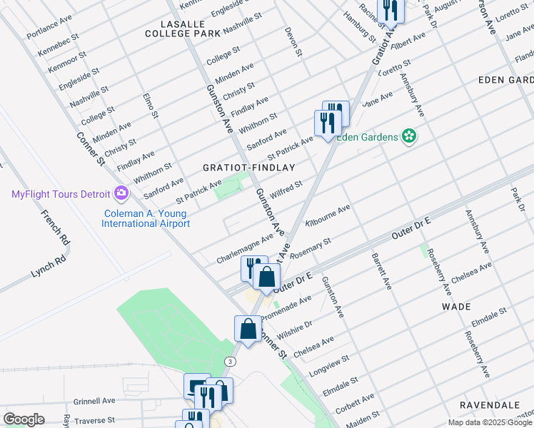 map of restaurants, bars, coffee shops, grocery stores, and more near 11271 Glenfield Avenue in Detroit