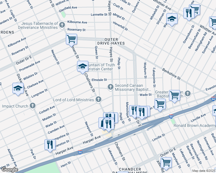 map of restaurants, bars, coffee shops, grocery stores, and more near 14965 Corbett Avenue in Detroit