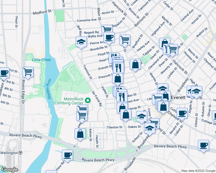 map of restaurants, bars, coffee shops, grocery stores, and more near 16 Winslow Street in Everett