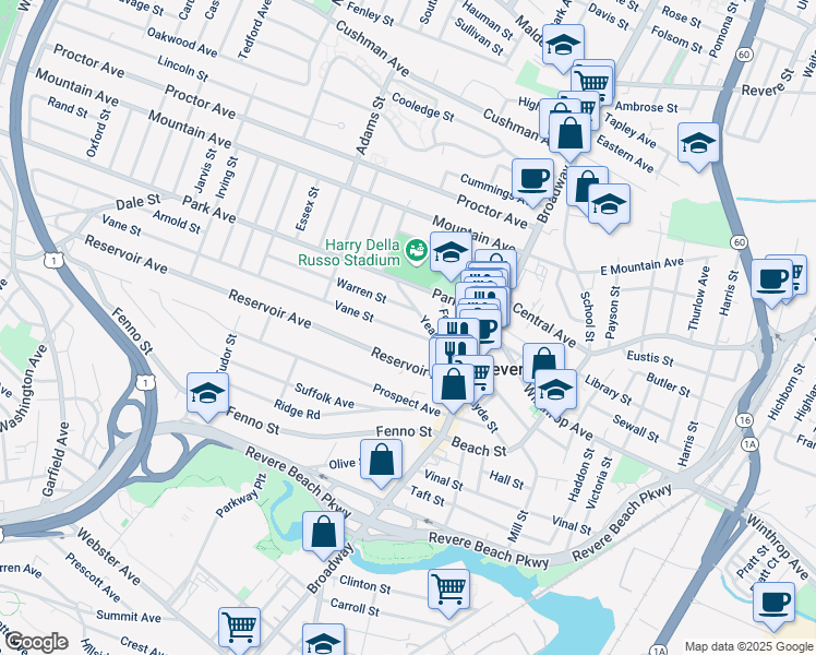 map of restaurants, bars, coffee shops, grocery stores, and more near 39 Vane Street in Revere