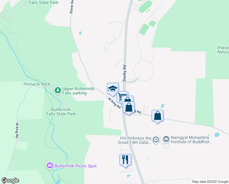 map of restaurants, bars, coffee shops, grocery stores, and more near 127 Birdseyeview Drive in Ithaca