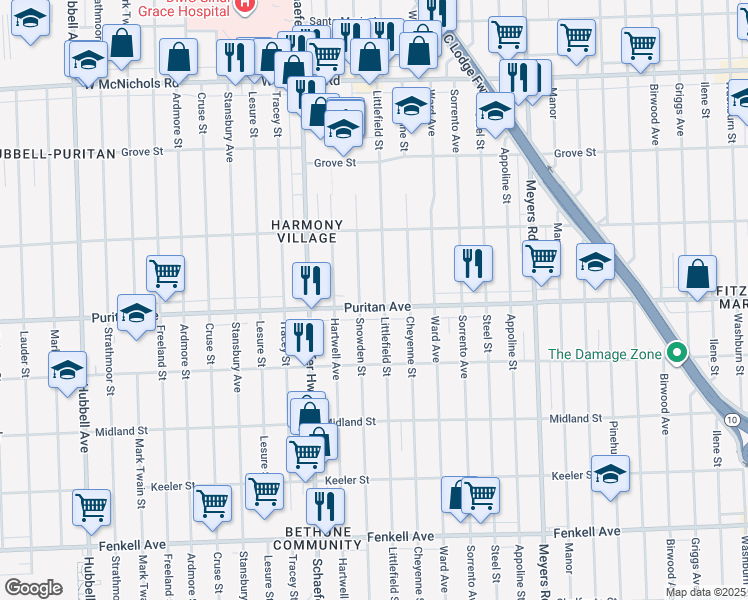 map of restaurants, bars, coffee shops, grocery stores, and more near 13300 Puritan Avenue in Detroit
