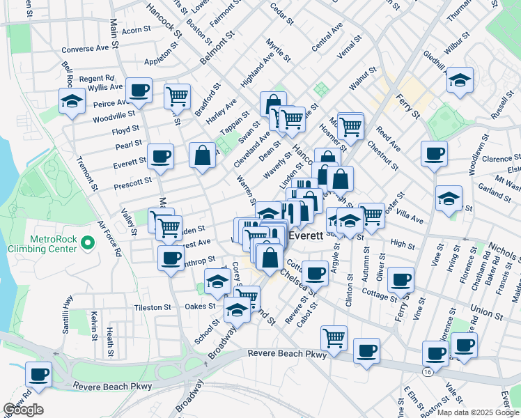 map of restaurants, bars, coffee shops, grocery stores, and more near 128 Linden Street in Everett