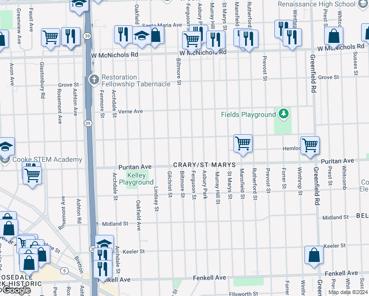 map of restaurants, bars, coffee shops, grocery stores, and more near 16174 Biltmore Street in Detroit