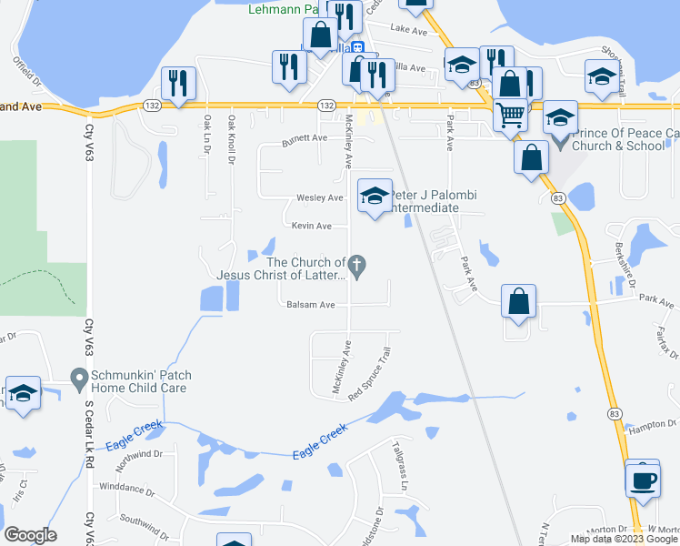map of restaurants, bars, coffee shops, grocery stores, and more near 220 McKinley Avenue in Lake Villa