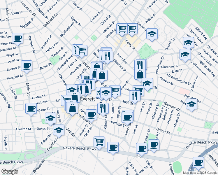 map of restaurants, bars, coffee shops, grocery stores, and more near 48 High Street in Everett
