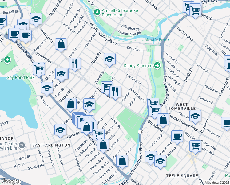 map of restaurants, bars, coffee shops, grocery stores, and more near 35 Hilton Street in Arlington