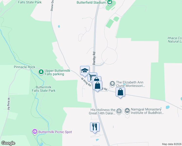 map of restaurants, bars, coffee shops, grocery stores, and more near 1050 New York 96B in Ithaca