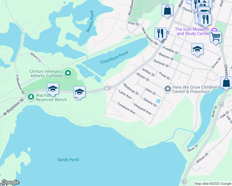 map of restaurants, bars, coffee shops, grocery stores, and more near 131 South Main Street in Clinton