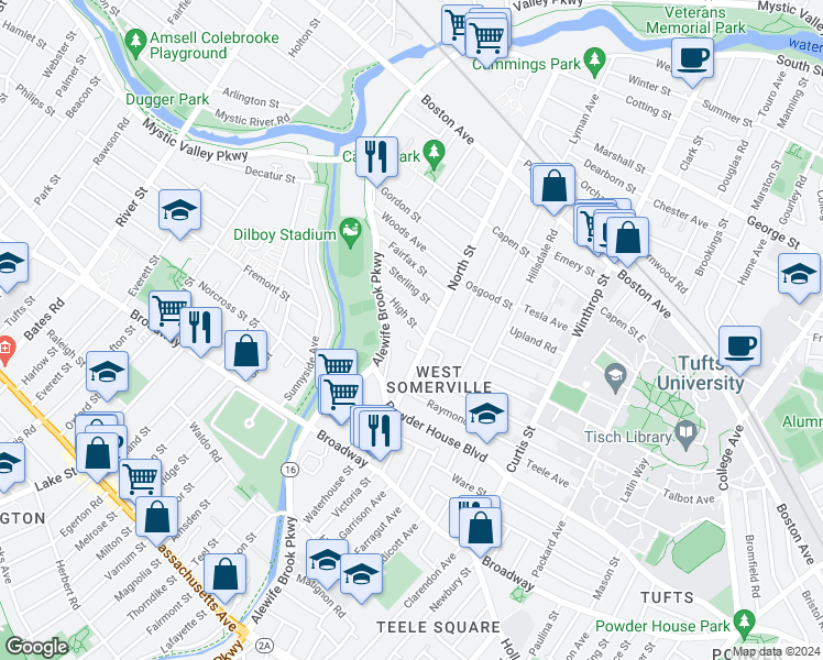 map of restaurants, bars, coffee shops, grocery stores, and more near 18 High Street in Somerville