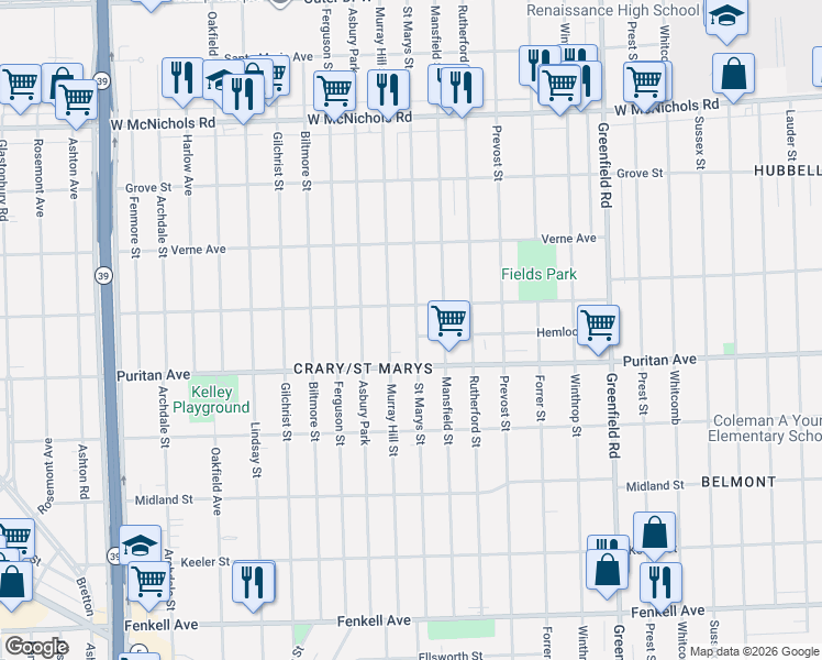 map of restaurants, bars, coffee shops, grocery stores, and more near 16144 Saint Marys Street in Detroit
