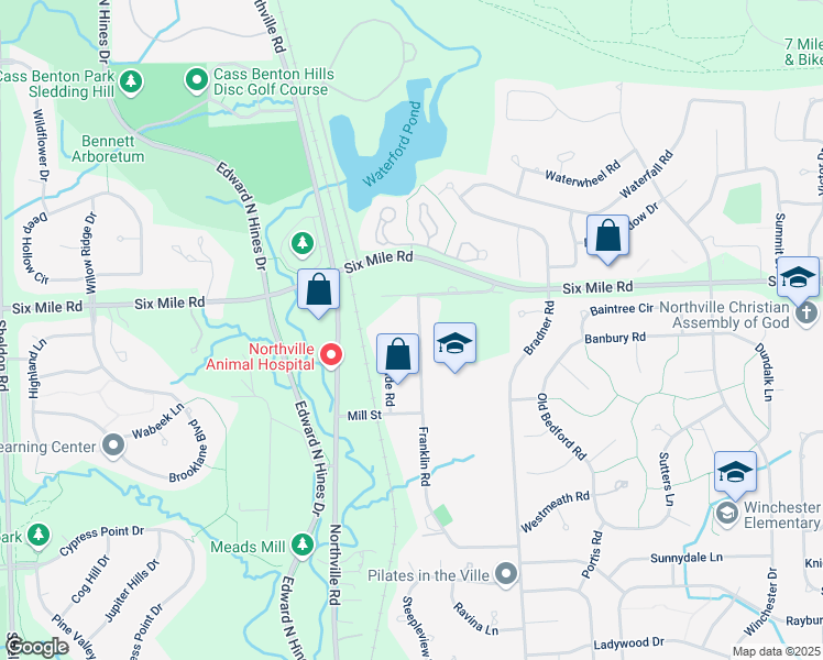 map of restaurants, bars, coffee shops, grocery stores, and more near 16931 Franklin Road in Northville