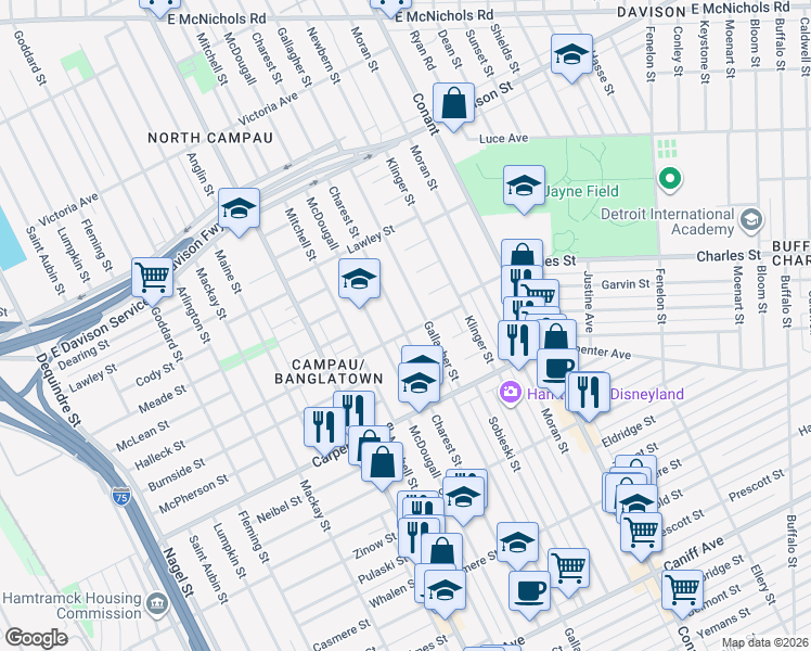 map of restaurants, bars, coffee shops, grocery stores, and more near 12510 Charest Street in Hamtramck