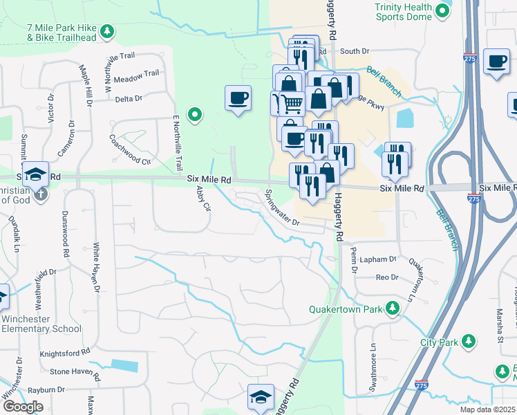 map of restaurants, bars, coffee shops, grocery stores, and more near 39793 Rockcrest Circle in Northville
