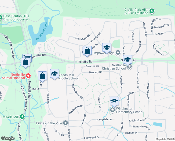 map of restaurants, bars, coffee shops, grocery stores, and more near 42080 Banbury Road in Northville