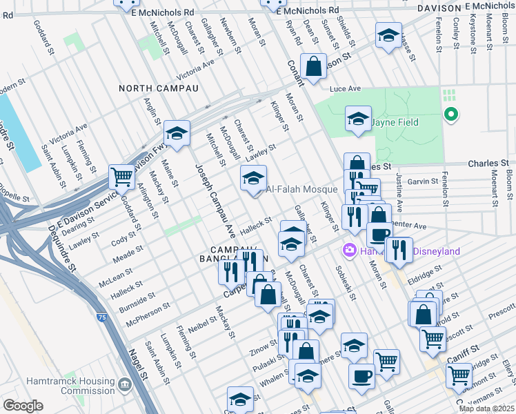 map of restaurants, bars, coffee shops, grocery stores, and more near 12541 McDougall Street in Detroit