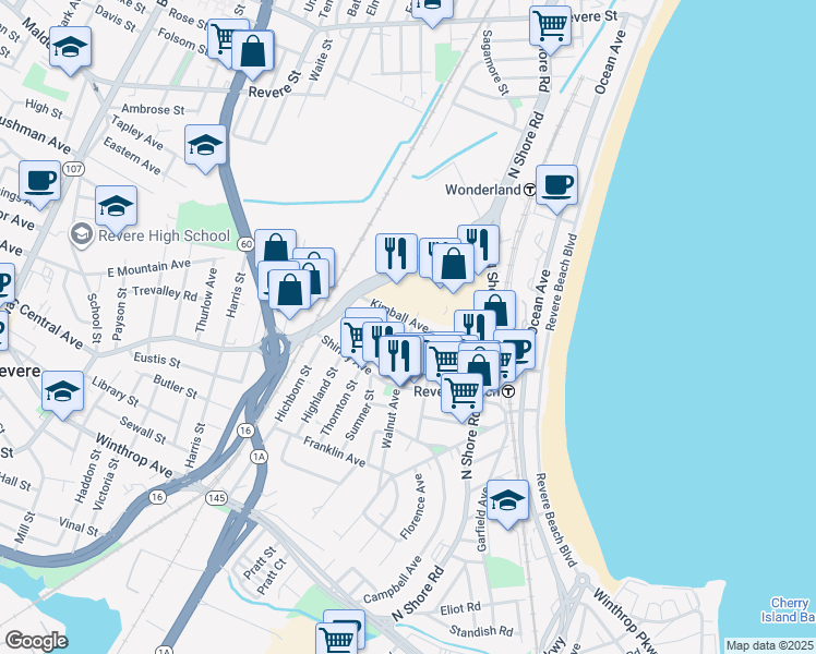 map of restaurants, bars, coffee shops, grocery stores, and more near 9 Walnut Avenue in Revere