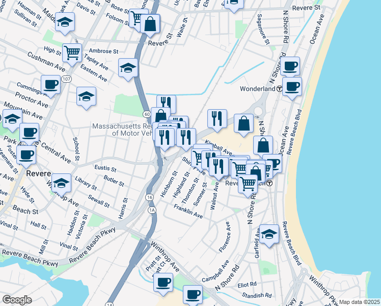 map of restaurants, bars, coffee shops, grocery stores, and more near 477 Beach Street in Revere