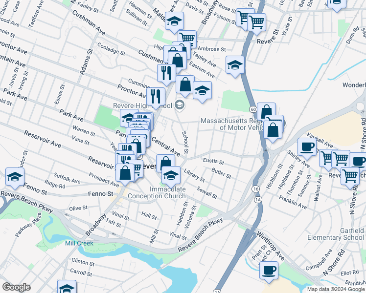 map of restaurants, bars, coffee shops, grocery stores, and more near 230 Beach Street in Revere