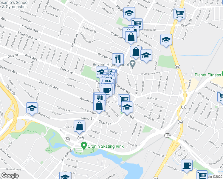 map of restaurants, bars, coffee shops, grocery stores, and more near 354 Broadway in Revere
