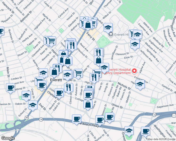 map of restaurants, bars, coffee shops, grocery stores, and more near 35 Villa Avenue in Everett