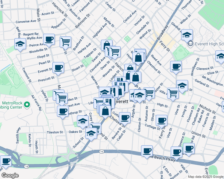 map of restaurants, bars, coffee shops, grocery stores, and more near 33 Ellsworth Street in Everett