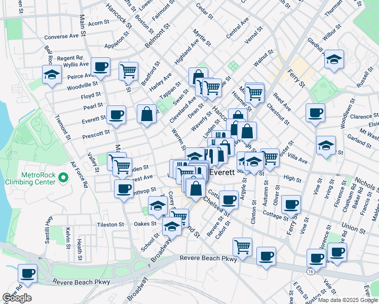 map of restaurants, bars, coffee shops, grocery stores, and more near 128 Linden Street in Everett
