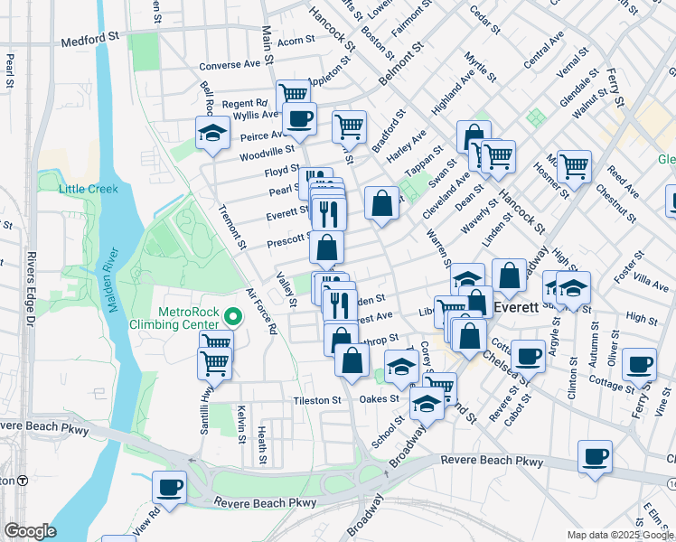 map of restaurants, bars, coffee shops, grocery stores, and more near 254 Main Street in Everett
