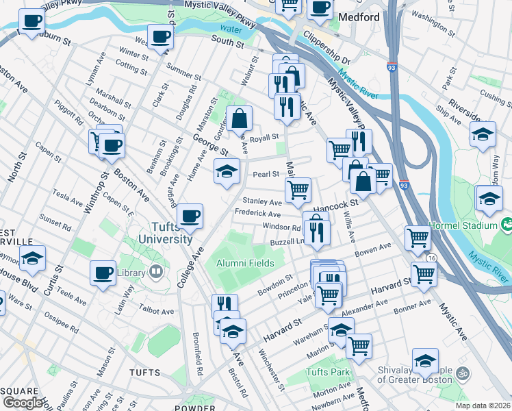 map of restaurants, bars, coffee shops, grocery stores, and more near 61 Frederick Avenue in Medford