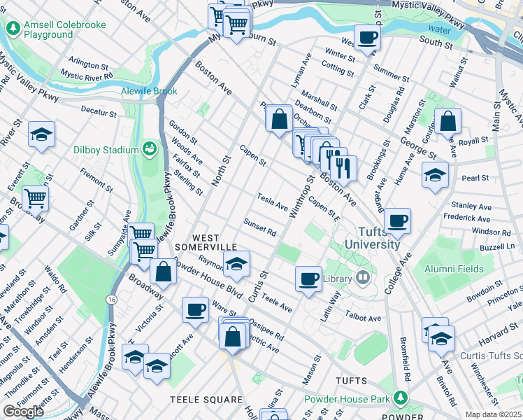 map of restaurants, bars, coffee shops, grocery stores, and more near 48 Upland Road in Somerville