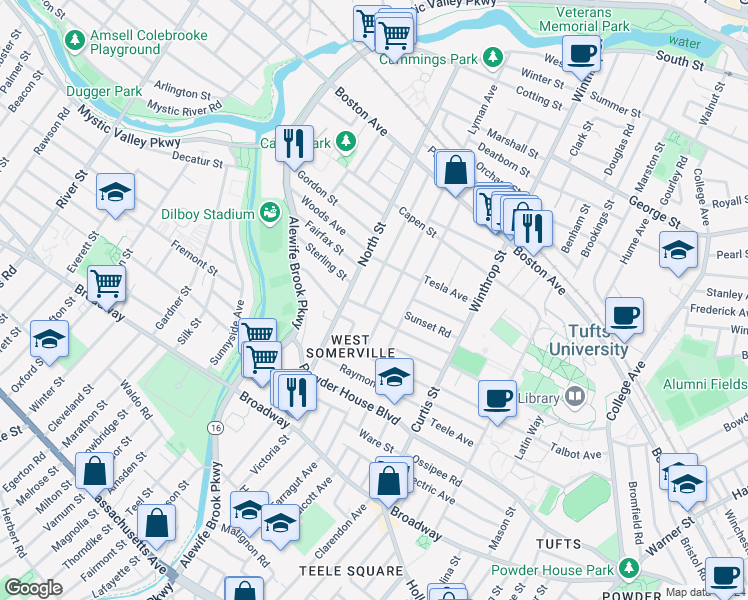 map of restaurants, bars, coffee shops, grocery stores, and more near 106 Adams Street in Somerville