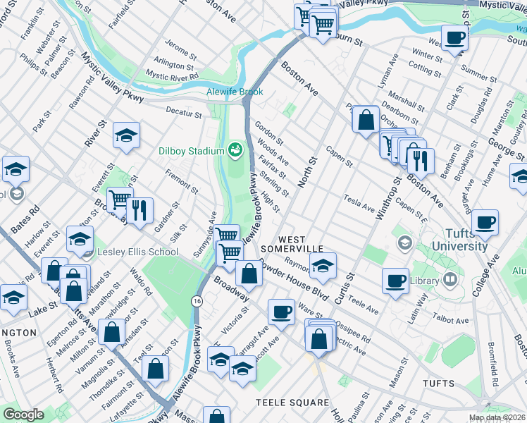 map of restaurants, bars, coffee shops, grocery stores, and more near 295 Alewife Brook Parkway in Somerville