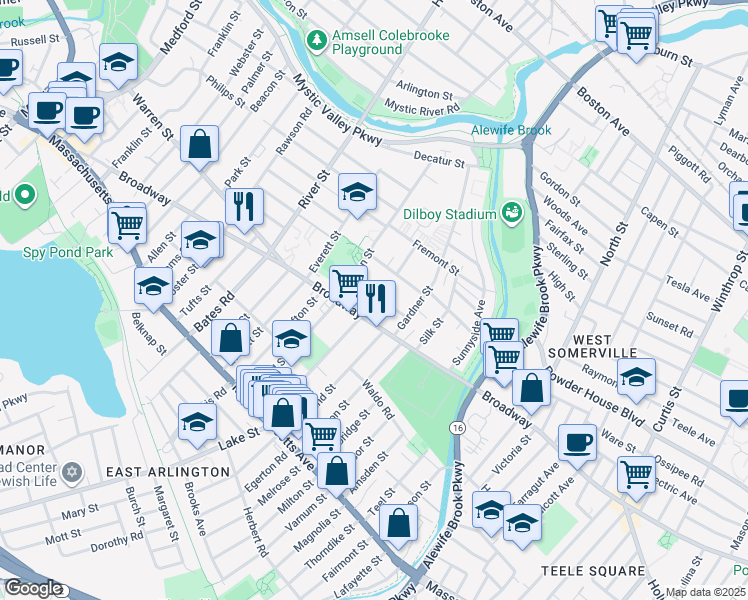 map of restaurants, bars, coffee shops, grocery stores, and more near 35 Hilton Street in Arlington