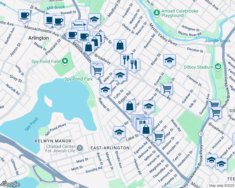 map of restaurants, bars, coffee shops, grocery stores, and more near 26 Bates Road in Arlington