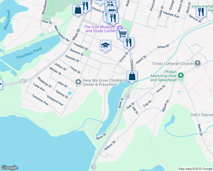 map of restaurants, bars, coffee shops, grocery stores, and more near 166 Grove Street in Clinton