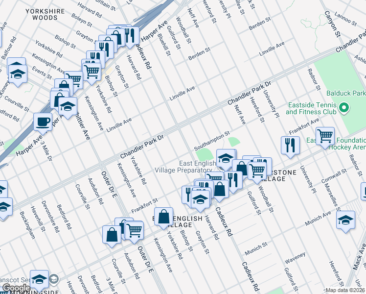 map of restaurants, bars, coffee shops, grocery stores, and more near 5515 Cadieux Road in Detroit