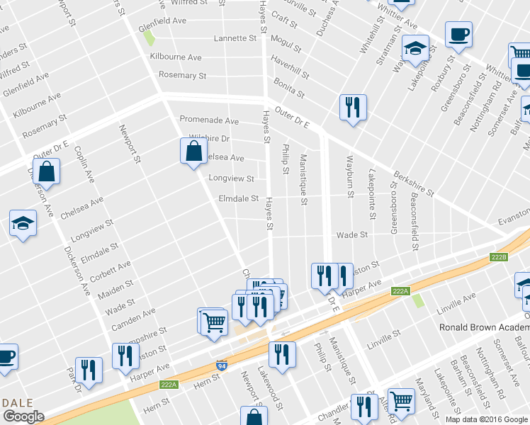 map of restaurants, bars, coffee shops, grocery stores, and more near 14965 Corbett Avenue in Detroit