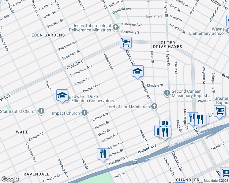 map of restaurants, bars, coffee shops, grocery stores, and more near 13376 Longview Street in Detroit