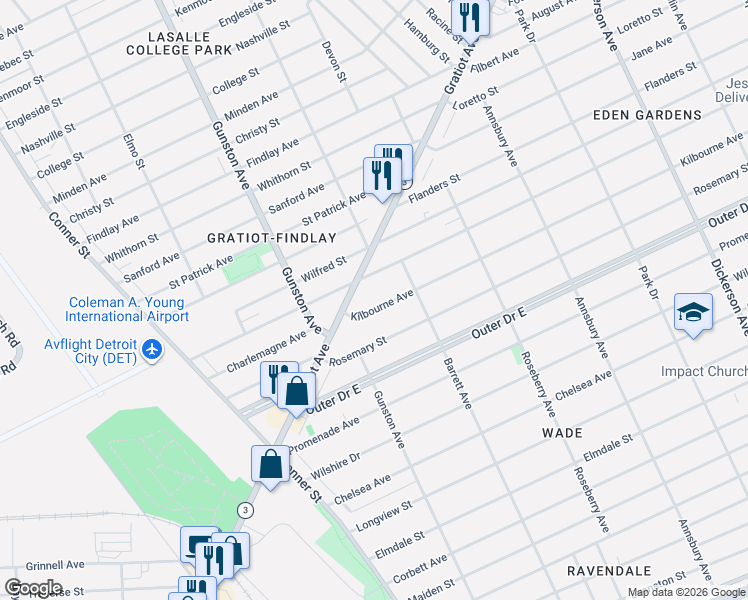 map of restaurants, bars, coffee shops, grocery stores, and more near 11759 Kilbourne Avenue in Detroit