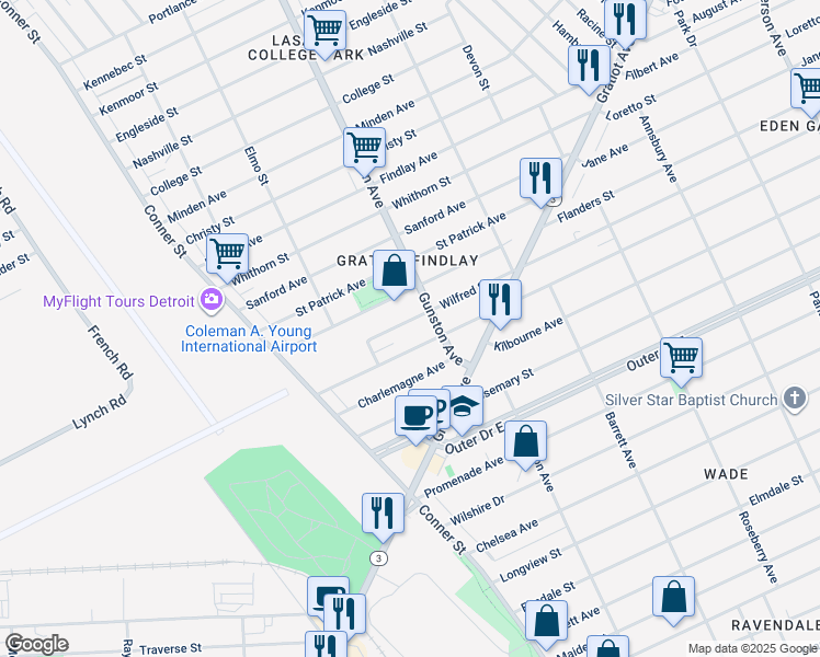 map of restaurants, bars, coffee shops, grocery stores, and more near 11510 Wilfred Street in Detroit
