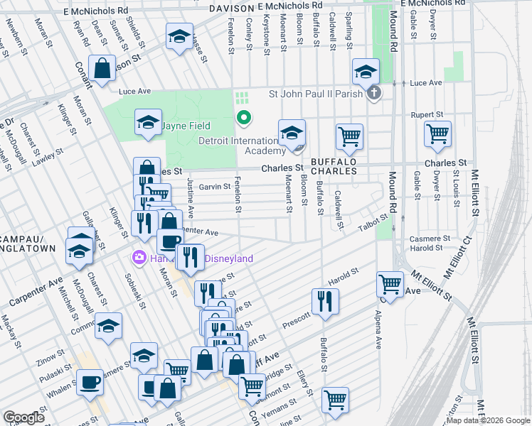 map of restaurants, bars, coffee shops, grocery stores, and more near 5087 Fredro Street in Hamtramck