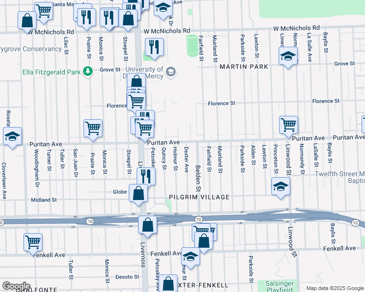map of restaurants, bars, coffee shops, grocery stores, and more near 15922 Holmur Street in Detroit